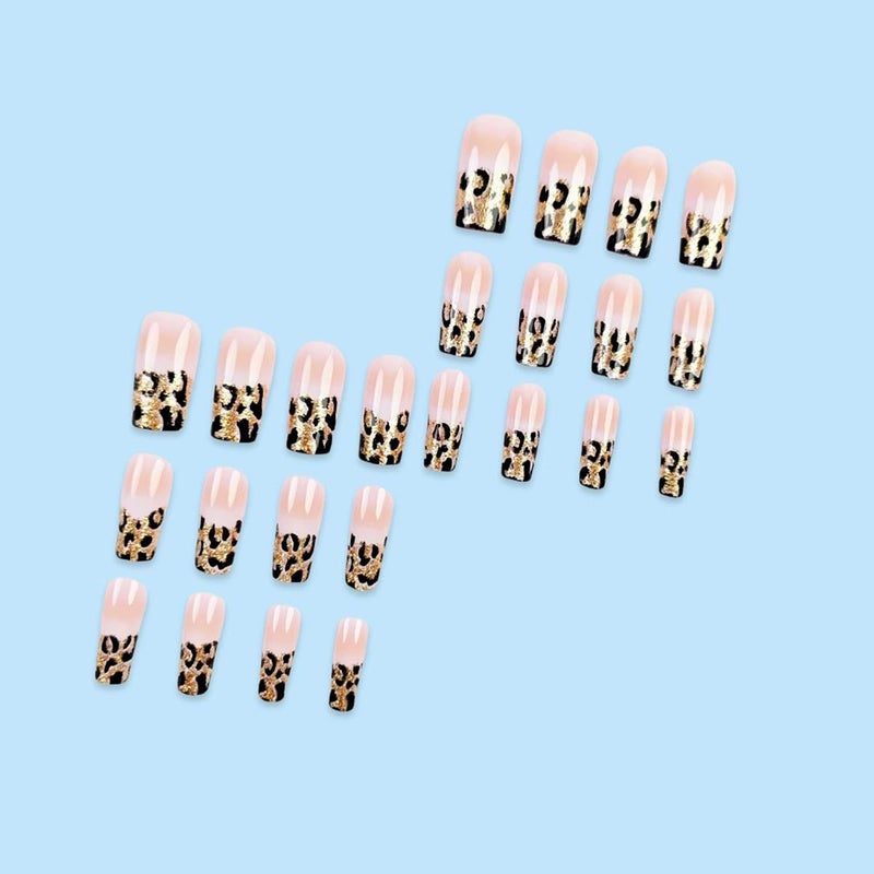 juggssa Long Coffin Press on Nails French Fake Nails Glossy Acrylic Press On Nails with Glitter Leopard Print Designs French Style Gradient Acrylic Full Cover Glue on Nails Long False Nails for Women 24PCS - Image 2